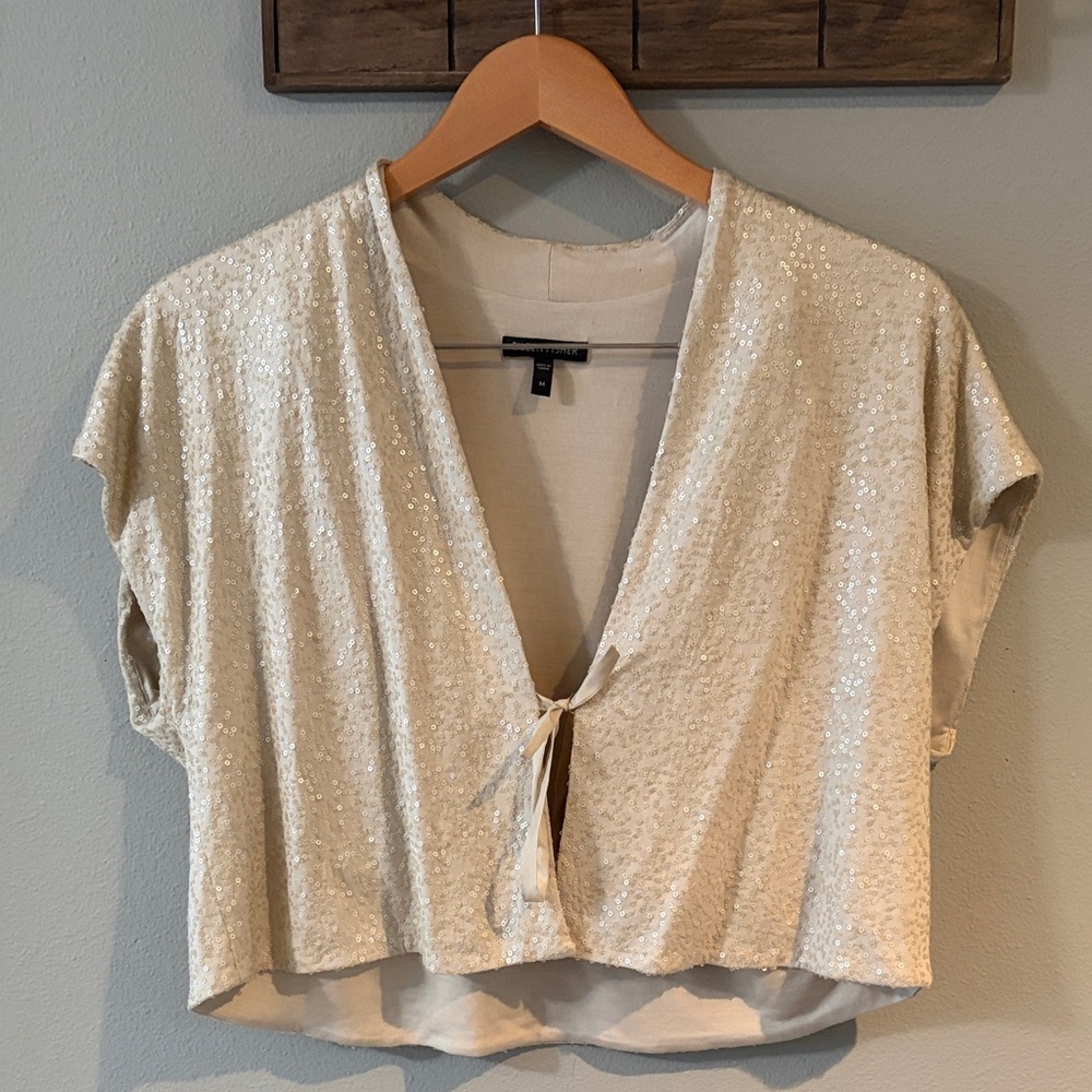 Eileen Fisher Silk Sequin Bolero Cape Tie Front Crop Top size M cream - Picture 2 of 6